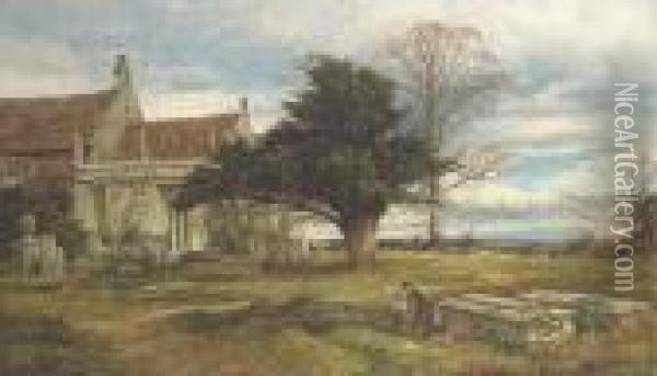 An English Country Churchyard: Autumn Oil Painting - Benjamin Williams Leader