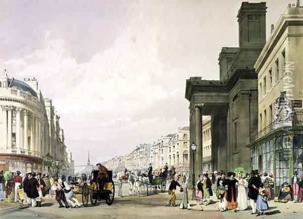 Regent Street looking towards the Quadrant with Hanover Chapel in the foreground and shoppers promenading, 1842 Oil Painting - Thomas Shotter Boys