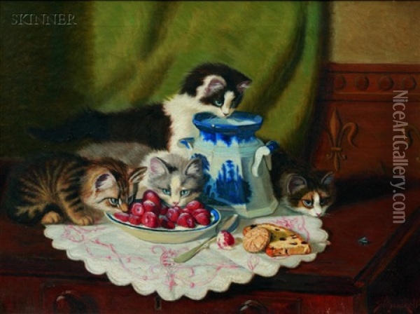 Kittens Feast Oil Painting - Sidney Lawrence Brackett