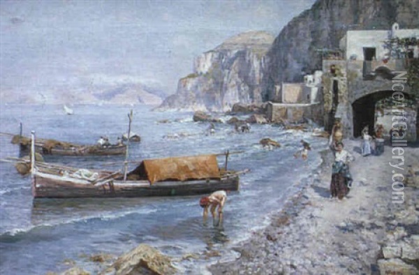 Fishermen In The Bay Of Naples Oil Painting - Attilio Pratella