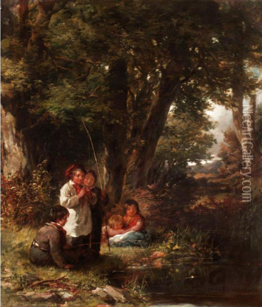 Children Angling Oil Painting - James Curnock