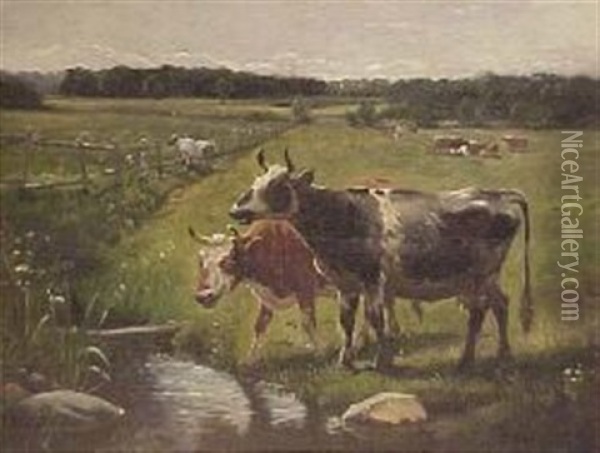 Landscape With Cows Oil Painting - Vilhelm (Joh. V.) Zillen