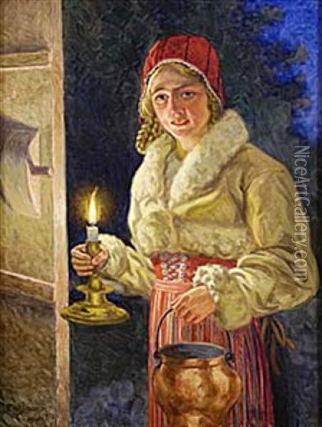 Allmogeflicka Med Ljus Oil Painting - Emil (Harald Emanuel) Lindgren