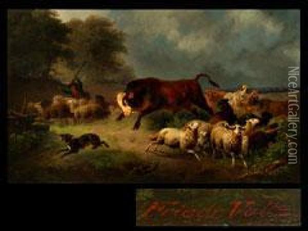 Der Wild Gewordene Stier In Der Schafherde Oil Painting - Friedrich Johann Voltz