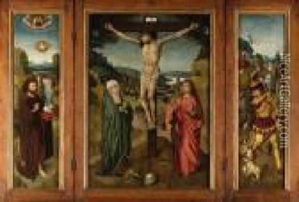 A Triptych; Central Panel: The 
Crucifixion With The Virgin Andsaint John The Evangelist; Wings: Saint 
John The Baptist, Thebaptism Of Christ Beyond; And Saint George Slaying 
The Dragon; Andthe Annunciation En Grisaille (on The Reverse) Oil Painting - The Master Of Frankfurt