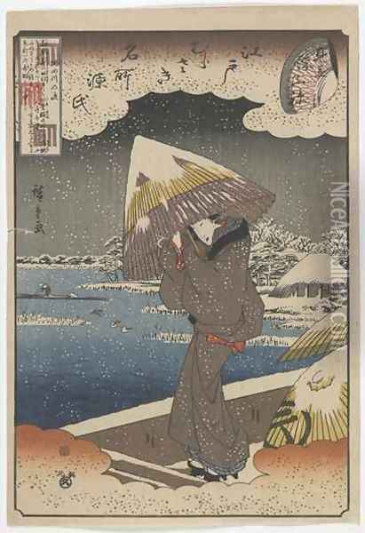 Famous Sites in Edo and Chapters from the Tale of Genji: Ferry on the Sumida River matched with the Ukifune Chapter Edo period Oil Painting - Utagawa or Ando Hiroshige