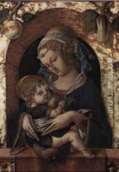 The Madonna And Child At A Marble Parapet With An Apple And Gourd Hanging Oil Painting - Carlo Crivelli