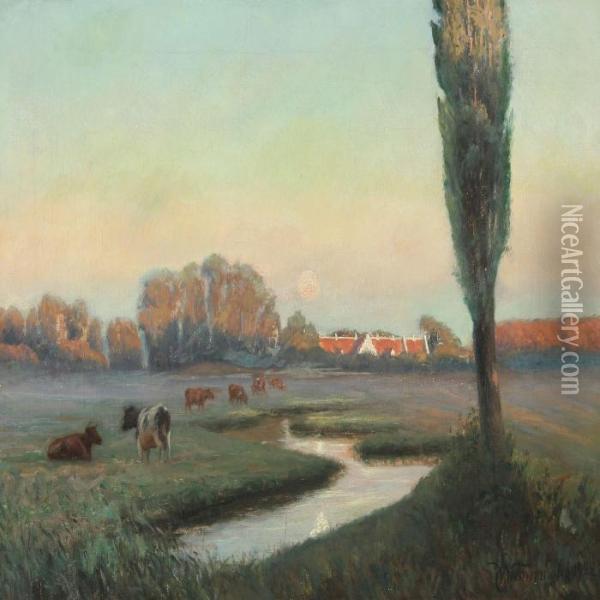 Autumn Landscape With Cows Oil Painting - Emil Winnerwald