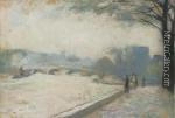 A View On The River Seine, Paris (bridge) Oil Painting - Lesser Ury