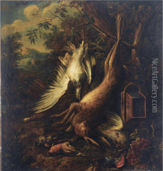 A Game Still Life With A Hare, Partridges And Songbirds, An Open Landscape Behind Oil Painting - Jan Weenix