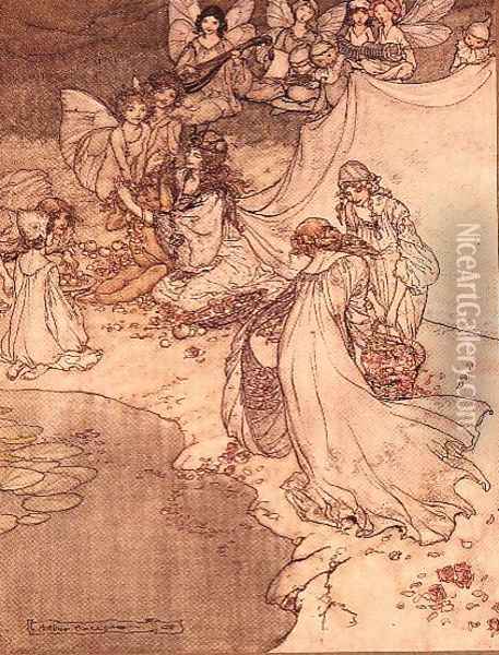 Illustration for a Fairy Tale, Fairy Queen Covering a Child with Blossom Oil Painting - Arthur Rackham