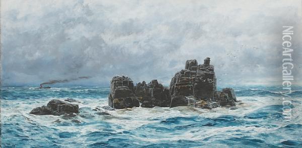 A Rocky Coastal Outcrop, With Distantsteamer Oil Painting - John Butts