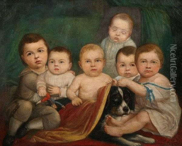 Six Children With Their Dog And Doll Oil Painting - Joshua Johnson