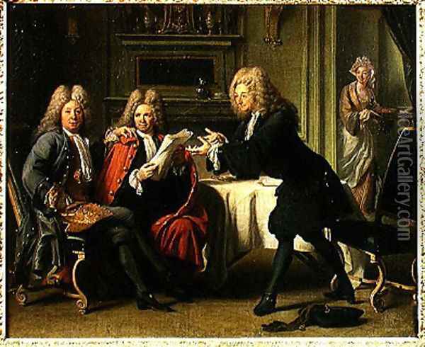 Bodin, the Kings Doctor, in the Company of Dufresny and Crebillon at the House in Auteuil Oil Painting - Robert Tournieres