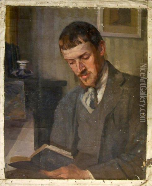 Portrait Of Ernest Yarrow-jones Reading A Book Oil Painting - Anna Wood Brown