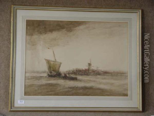 Sailing Boats With Windmill Oil Painting - Dudley Hardy