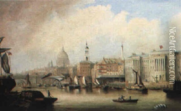 View On The Thames, Showing St. Pauls, The Monument And London Bridge Oil Painting - Sir George Chambers