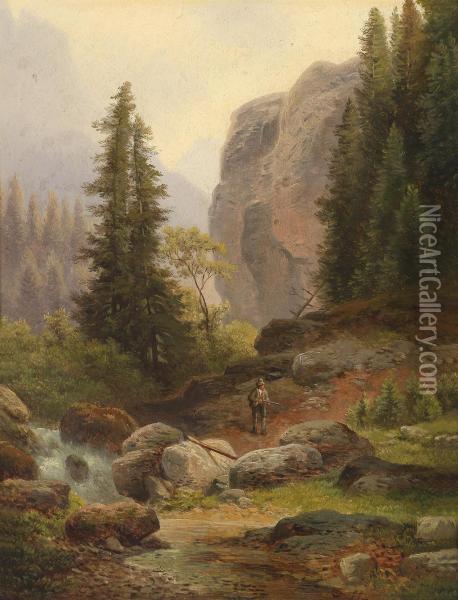 A Hunter In The High Mountains Oil Painting - Carl Hasch