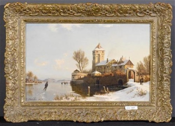 Winterlandschaft Mit Gefrorenem See Und Schlittschuhlaufer Oil Painting - Johannes Bartholomaeus Duntze