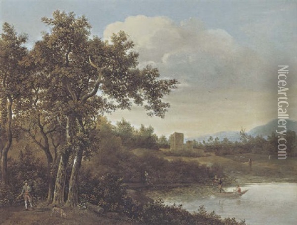 Flusslandschaft Mit Kahnfahrern Oil Painting - Jan De Lagoor