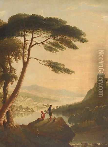 Boys on a rocky ledge at sunset Oil Painting - Horatio Macculloch