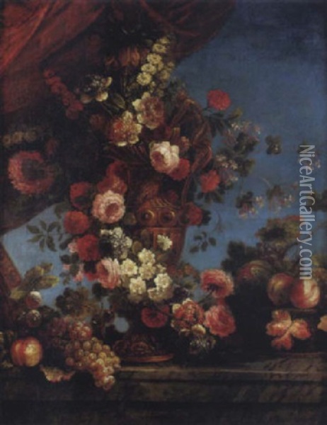 Vase De Fleurs Et Fruits Sur Un Entablement Oil Painting - Jean-Baptiste Belin de Fontenay the Elder