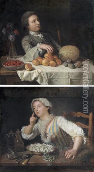 Allegorie Du Toucher Avec Prunes, Melon D'eau, Cerises Et Abricots Oil Painting - Andre Bouys