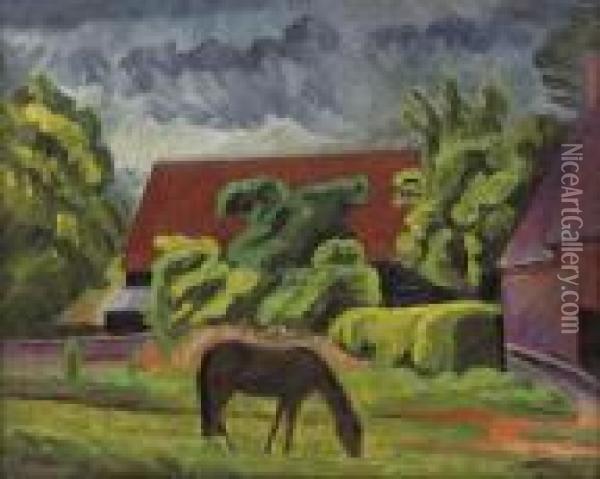 Horses Grazing, Cookham Oil Painting - Bernard Meninsky