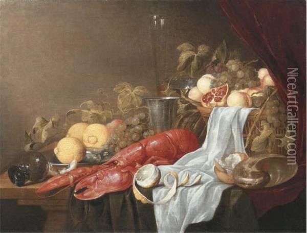 A Pronk Still Life Of A Roemer, A Partly Peeled Lemon, A Lobster, Alemon On A Pewter Plate, A Peach, Grapes, Lemons, A Melon, A Glassflute, A Silver Tankard, A Crystal Goblet, A Conch Shell And Abasket Heaped With Pomegranates, Grapes And Peaches With A W Oil Painting - Jasper Geeraerts