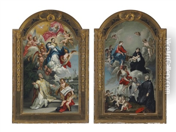 The Vision Of St. Philip Neri (+ The Vision Of Sts. Francis Borgia, Aloysius Gonzaga And Stanislas Kostka; 2 Works) Oil Painting - Antonio Salas