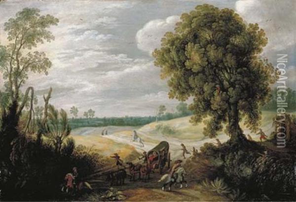 An Extensive Landscape With A Wagon Being Ambushed Oil Painting - Sebastien Vrancx