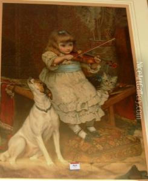 Girl Playing The Violin With Attendant Dog, Lithograph Oil Painting - Charles Burton Barber