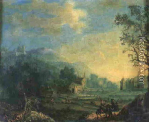 A Rhineland Landscape With Riders On A Wooden Bridge, Men Loading Barrels On To A Boat Oil Painting - Adam Pankratz Ferg