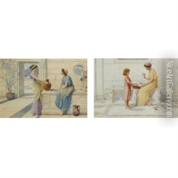 Conversation At The Well (+ A Gift Of Roses; Pair) Oil Painting - Henry Ryland