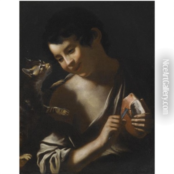 Rome A Boy Eating A Loaf Of Bread With A Cat Oil Painting - Tommaso Salini