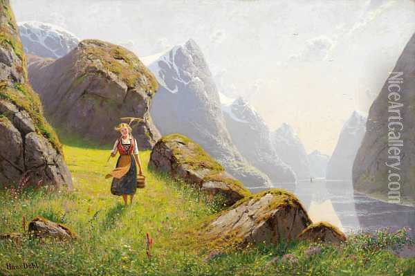 Sommer Ved Fjorden Olje Pa Lerret Oil Painting - Hans Dahl