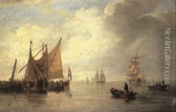 Dutch Barges Unloading At A Jetty Oil Painting - John Wilson Carmichael