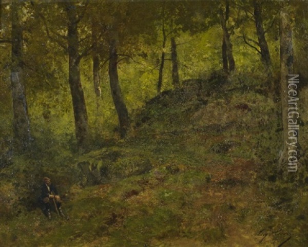Peintre Dans La Foret De Fontainebleau Oil Painting - Eugene Ciceri