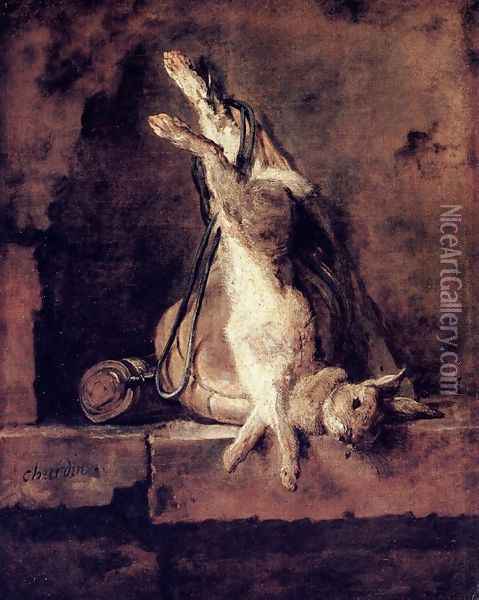 Rabbit With Game Bag And Powder Flask Oil Painting - Jean-Baptiste-Simeon Chardin