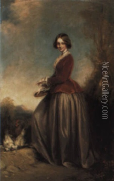 Portrait Of Lady Dorothy Nevill, Feeding Chickens Oil Painting - Richard Buckner