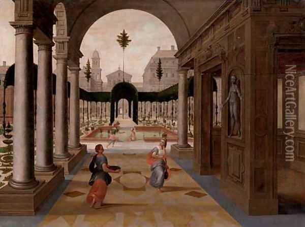 A capriccio of a palace courtyard with figures in the foreground and others bathing in an ornamental garden beyond Oil Painting - Paul Vredeman de Vries