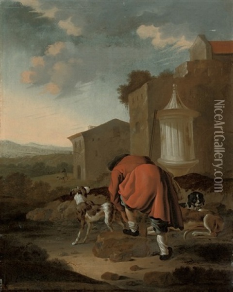 A Huntsman And His Dogs In A Landscape Oil Painting - Antonius Leemans