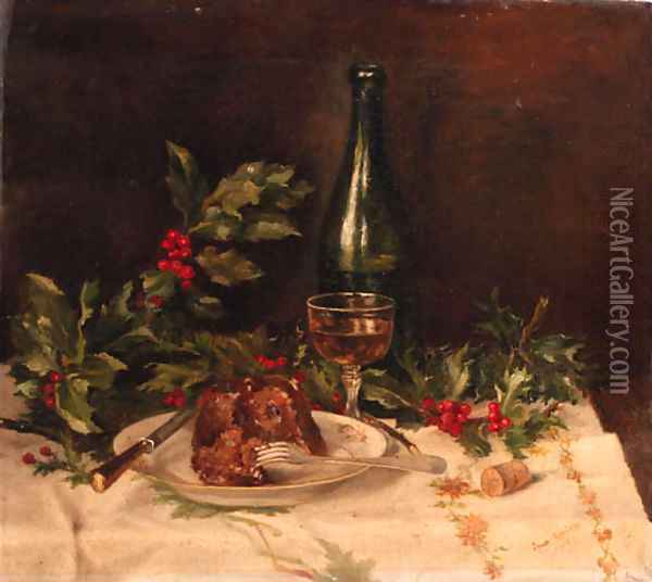 A still life with christmas-pudding, holly and wine Oil Painting - Johanna Helena Looisen