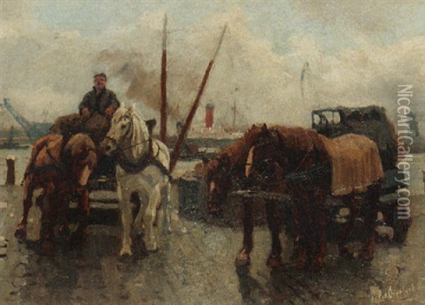 Werkpaarden Aan De Kade Oil Painting - Gijsbertus Johannes Van Overbeek
