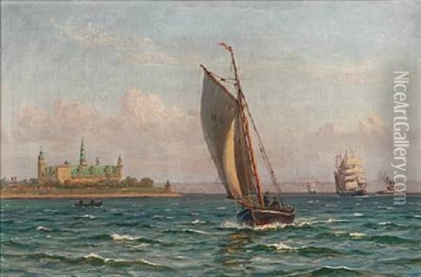Sailing Ships Near Kronborg Castle Oil Painting - Vilhelm Karl Ferdinand Arnesen