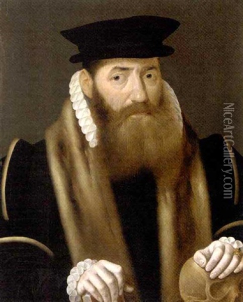Portrait Of A Gentleman, Bust-length, In A Fur-trimmed Black Coat With White Collar And Cuffs, His Left Hand Resting On A Skull Oil Painting - Bartholomaeus Bruyn the Elder