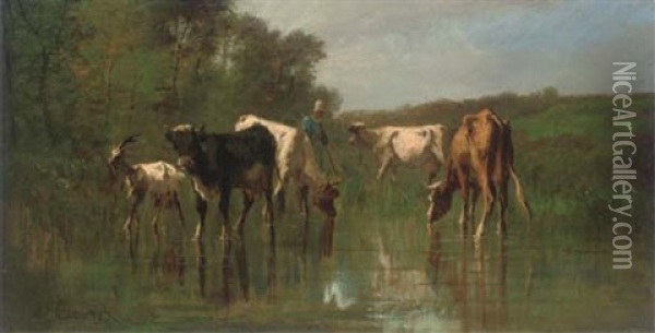 Livestock Watering Before Woodland Oil Painting - Antonio Cortes Cordero