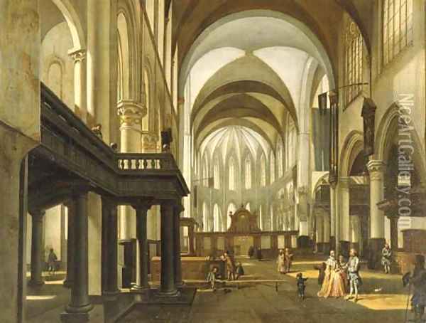 A view of the Oude Kerk, Amsterdam, looking towards the choir with an elegant couple and children in the nave Oil Painting - Hendrick van Streeck