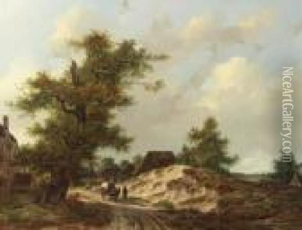 Travellers On A Sandy Track Through A Village In A Woodedlandscape Oil Painting - Adrianus Van Der Koogh