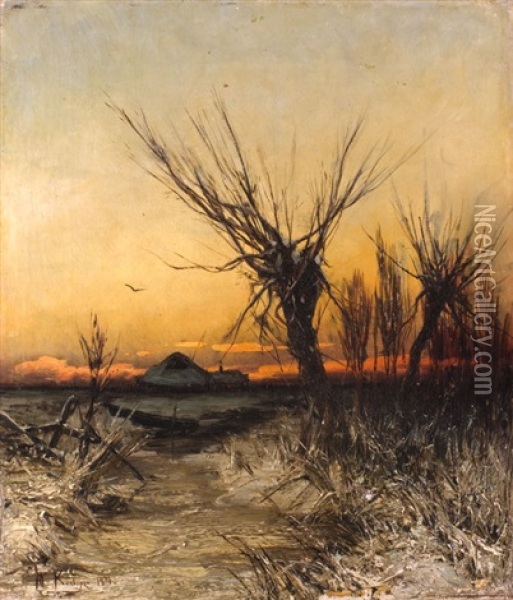 Untergehende Sonne In Winterlandschaft Oil Painting - Yuliy Yulevich (Julius) Klever